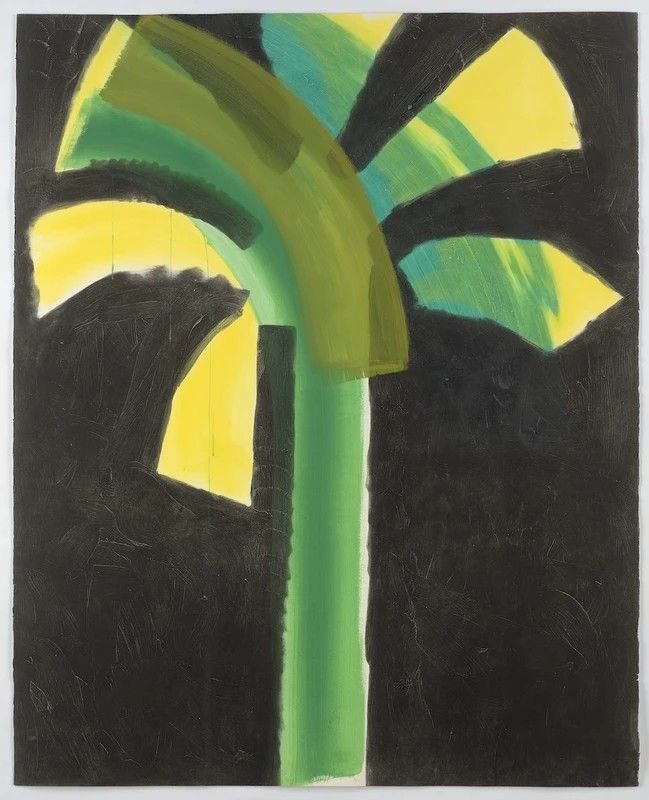 Howard Hodgkin painting of a green palm with yellow brushstrokes against a black background, from the exhibition In a Public Garden